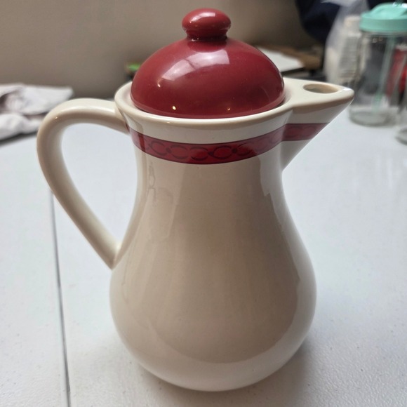 Avon Ceramic Cocoa Pitcher With Lid Red Trim Festive Holiday Vintage - Picture 6 of 8